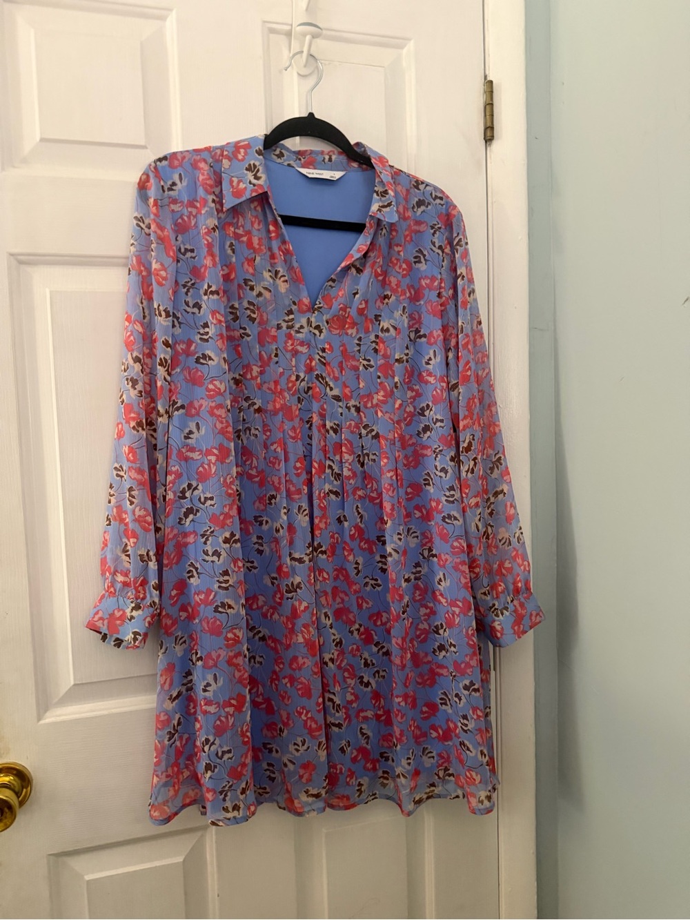 NWT Nine West L Blue Pink Floral Pintuck Long Sleeve Shirt Dress